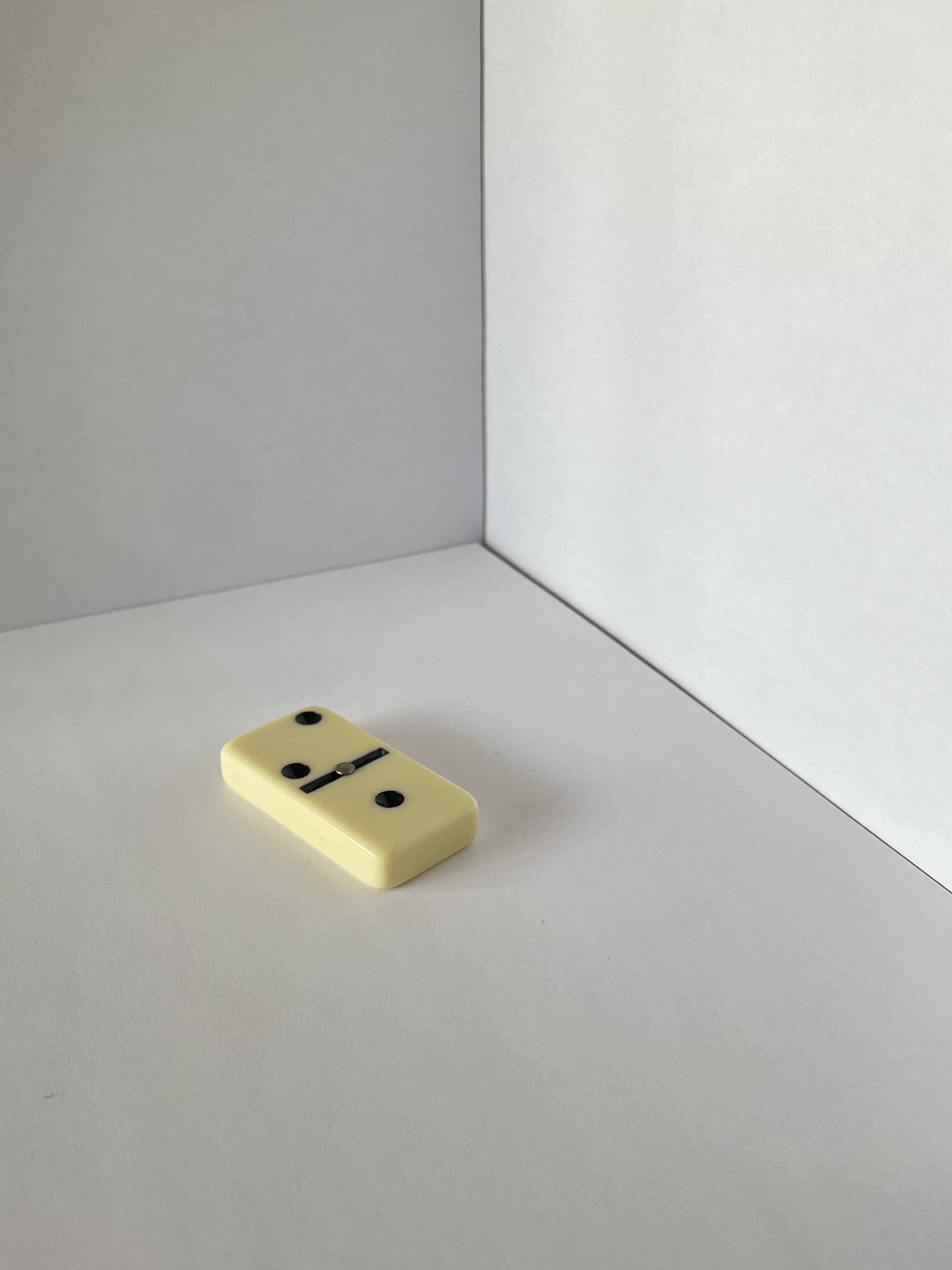 The side view of a domino laying flat on the ground.