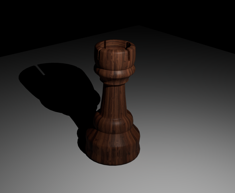 The rook piece modeled with a shadow and plane below it.