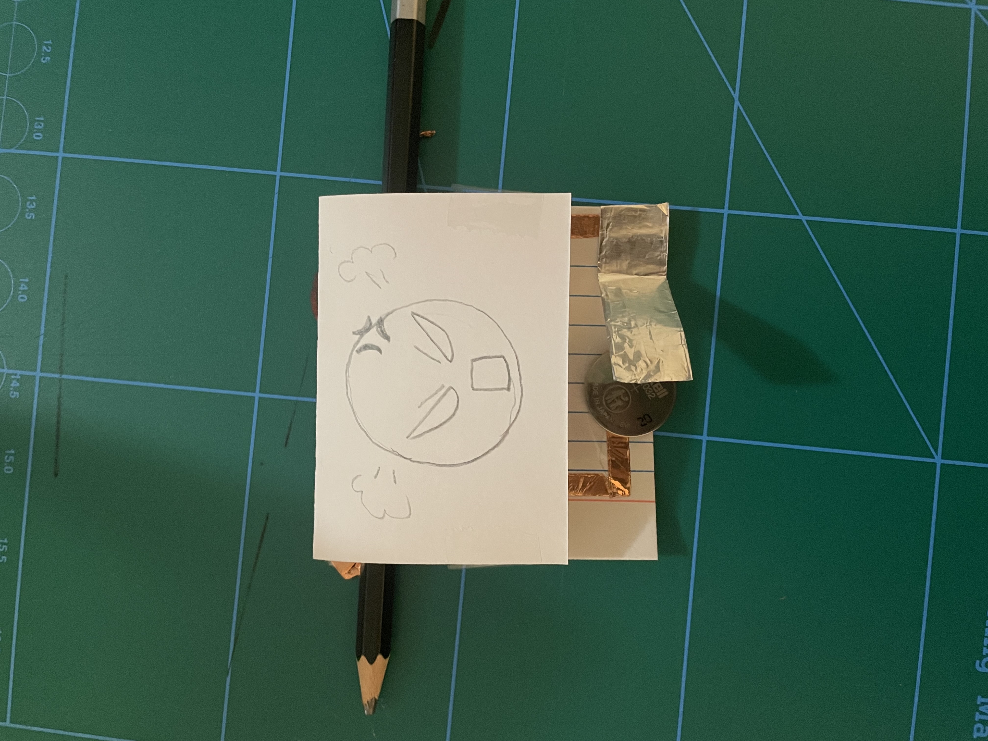 I created a simple circuit inspired by a video in the lecture. I drew an angry face with a red light to further communicate the characters emotion.