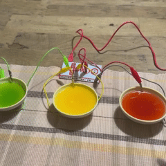 Rather than objects, I used water to create an interactive circuit. I filled three bowls with water and coloured them to easily differentiate them. Since water is conductive, it worked the same was as a reular felt button or the conductive paint when it's interacted with.