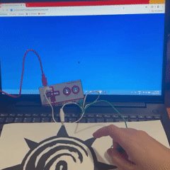 I used sketch 6 from the code provided to us in class to test my first conductive painting. I held onto the ground wire before tapping the painting to trigger the sensor.